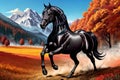 Cartoon comic black race horse trotting high mountain landscape trees