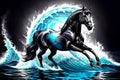 Cartoon comic black race horse trotting ocean surf wave dark night scene