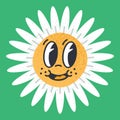 Cartoon comic book daisy flowers. Retro blooming chamomile flower with funny faces, daisy emojis with eyes and mouths. Flat vector Royalty Free Stock Photo