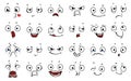 Cartoon comic faces. Expressions eye, emoji wink crazy boring and angry. Funny cute emotions character, laughter smile