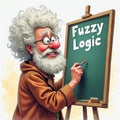 Cartoon comic happy character fuzzy logic school education knowledge learning research training blackboard Royalty Free Stock Photo