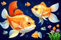Cartoon comic live smile goldfish gold fish swimming vegetation flower water Royalty Free Stock Photo