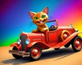 Cartoon comic pussy cat smile vintage car classic roadster beater