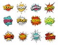 Cartoon comic sign burst clouds. Speech bubble, boom sign expression and pop art text frames vector set