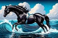 Cartoon comic sleek black race horse running racing saddle ocean waves