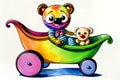 Cartoon comic smile car push toy child teddy bear doll baby buggy fun Royalty Free Stock Photo