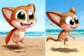 Cartoon comic smile child play time feline kitty creature ocean shore Royalty Free Stock Photo