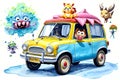 Cartoon comic smile children toy station wagon car driver fantasy fun