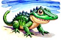 Cartoon comic smile green alligator crocodile watercolor paint animal