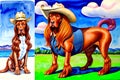 Cartoon comic smile red irish setter dog long hair clothes watercolor art