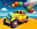 Cartoon comic smile retro car auto old tour jalopy beater balloon birthday party color Royalty Free Stock Photo