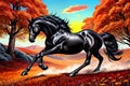 Cartoon comic smile sleek black race horse running meadow trees