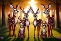 Cartoon comic smile spotted red deer herd forest backlit natural habitat Royalty Free Stock Photo