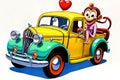 Cartoon comic smile vintage car pickup clipart monkey smile art artist cutout