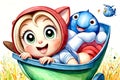 Cartoon comic smile wheelbarrow baby buggy companion fun Royalty Free Stock Photo