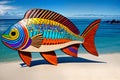 Cartoon comic smile wooden fish mount ocean water psychedelic color display