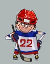 Cartoon comic smiling hockey player with a stick stands with arms akimbo