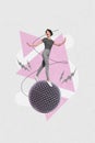 Cartoon comics sketch collage picture of excited smiling lady walking microphone disco ball isolated creative background Royalty Free Stock Photo