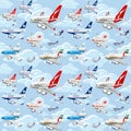 Cartoon commercial airplanes seamless pattern