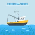 Cartoon Commercial Fishing in Sea Card Poster. Vector