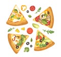 Cartoon composition with delicious Italian food of pizza slices assortment with ingredient variety