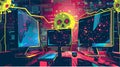 Cartoon Computer Network Attack Vector Illustration for Cybersecurity Concepts