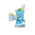 A cartoon concept of blue hawai cocktail with a glass of beer