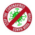 Cartoon concept STOP coronavirus logo green COVID-19 nCov 2019 virus. Vector illustration isolated on white background with text