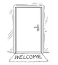 Cartoon Drawing of Closed Door With Welcome Text on Mat or Doormat