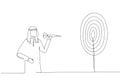 Cartoon of confused arab businessman blindfold throwing dart. Metaphor for unclear target or blind business vision, leadership