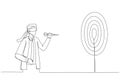 Cartoon of confused businessman blindfold throwing dart. Metaphor for unclear target or blind business vision, leadership failure