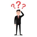 Cartoon confused businessman with question marks on head