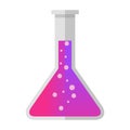 Cartoon conical flask with purple pink liquid potion vector isolated object