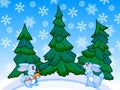 The cartoon coniferous forest with two rabbits.