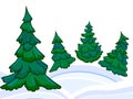 The cartoon coniferous forest and winter snowdrifts