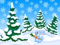 The cartoon coniferous snowy forest with a rabbit.