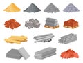 Cartoon construction building materials, sand and gravel pile. Brick stacks, metal pipes, cement. Building supplies for