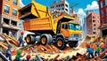 cartoon construction dump truck demolition city crew cleanup work Royalty Free Stock Photo