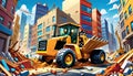 cartoon construction truck city skyline demolition equipment