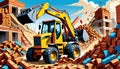 cartoon construction truck demolition loader bricks pile inner city