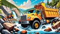 cartoon construction truck river rock stone hauling building
