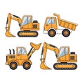 Cartoon Construction Vehicles Vector Set Digger, Dump Truck, Loader, Excavator Royalty Free Stock Photo