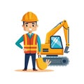 Cartoon construction worker standing with excavator on white background Royalty Free Stock Photo