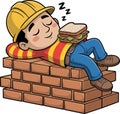 Cartoon Construction Worker Taking a Nap on Bricks with a Sandwich Illustration Vector Graphic Royalty Free Stock Photo
