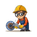Cartoon construction worker using angle grinder, safety first concept Royalty Free Stock Photo