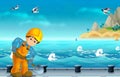 Cartoon construction worker working in the ship dock