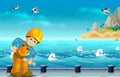 Cartoon construction worker working in the ship dock