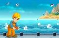 Cartoon construction worker working in the ship dock