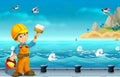 Cartoon construction worker working in the ship dock