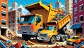 cartoon construction yellow dump truck demolition crew building